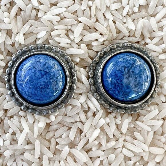 Vintage Denim Lapis Clip Button Earrings - Picture 6 of 10